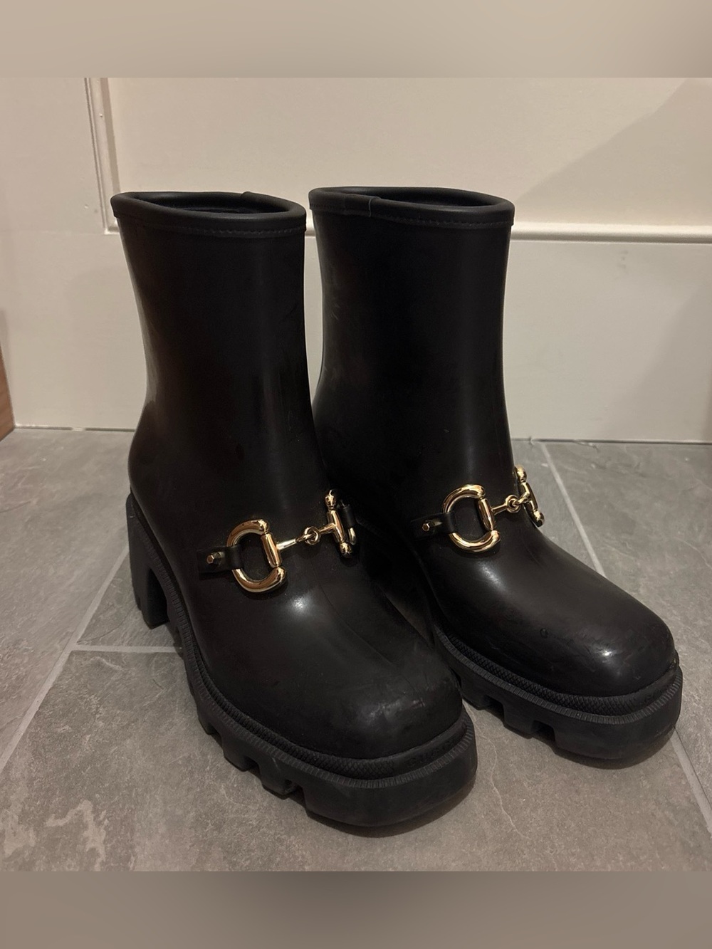 Gucci Black Chunky Rubber Ankle Boots with Gold Horsebit